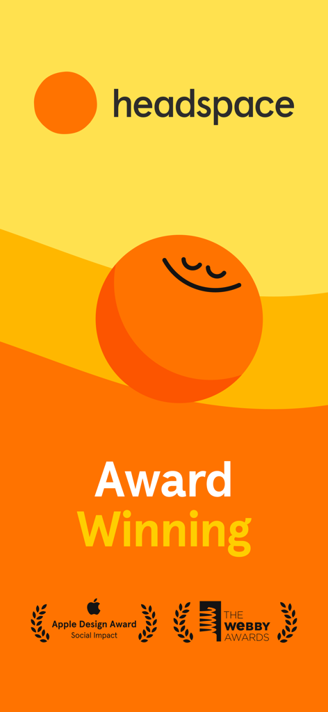 Headspace 앱 화면으로 Apple Design Award 및 Webby Awards 수상 내역 강조