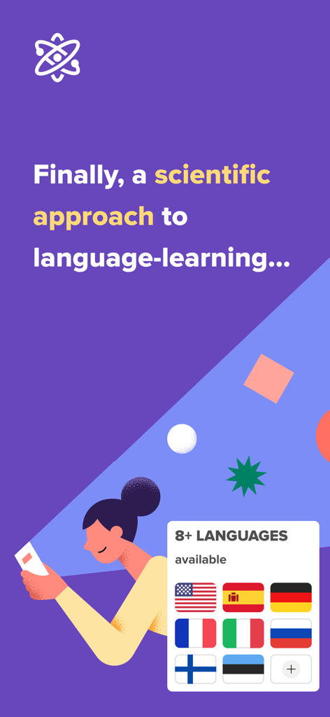 Speakly app screen showing a scientific approach to language learning with icons of flags from eight different countries