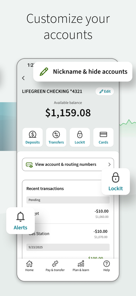 Regions Mobile - Regions Mobile app interface showing account customization options and checking balance