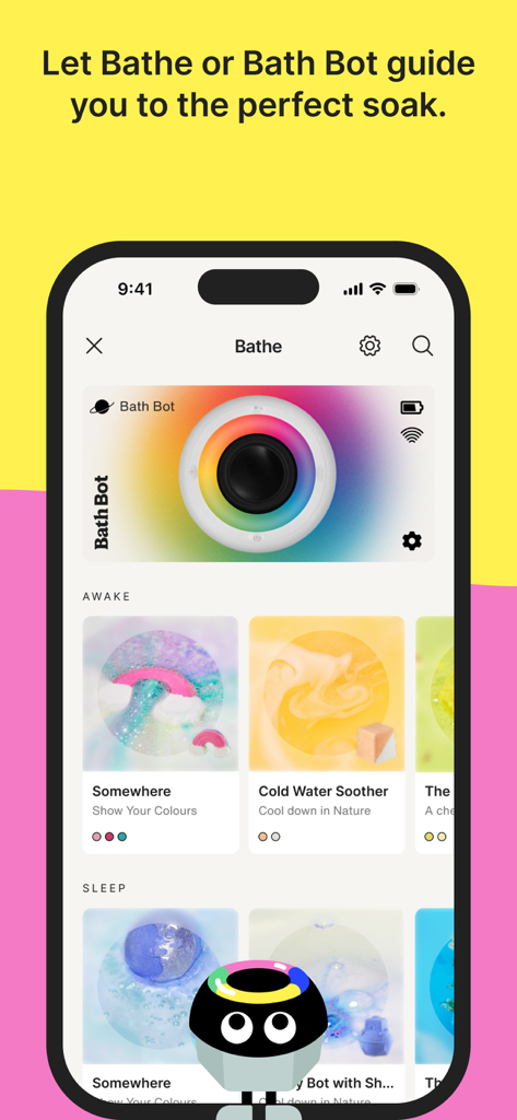 Lush mobile app interface showing the Bath Bot feature with curated bath playlists for awake and sleep modes.
