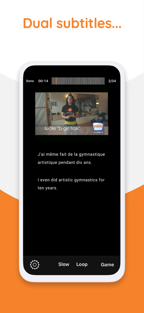 Yabla French - Yabla French app interface showing dual French and English subtitles during a video lesson