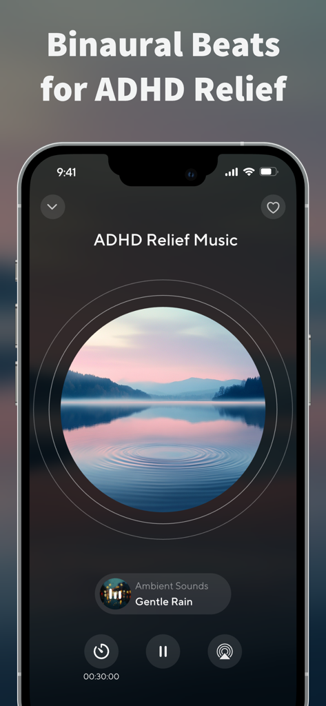 Green Noise app interface featuring binaural beats for ADHD relief with a calm lake background