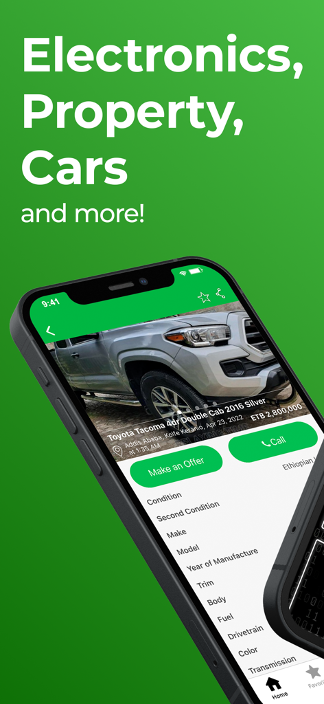 Jiji Ethiopia - ジジ・エチオピアアプリのスクリーンショットで、アディスアベバのトヨタ・タコマの車の広告が表示されています。