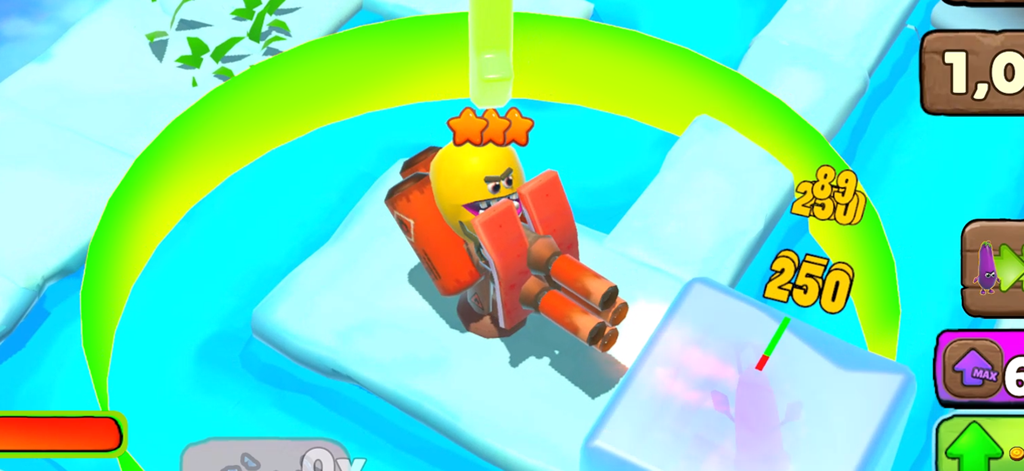 Fruits vs Vegetables - A yellow fruit character operating a double-barreled orange cannon tower in a 3D strategy game.