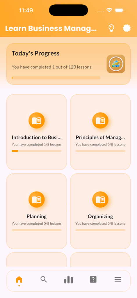 Learn Business Management - The home screen of the Learn Business Management app showing course modules for principles of management planning and organizing with a lesson progress tracker.