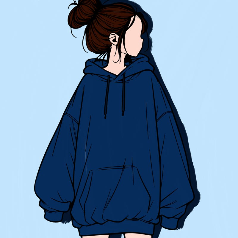 realistic girl with a oversized sweatshirt on and a bun