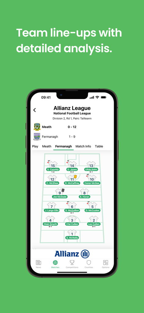 Score Beo mobile app screen showing a GAA team lineup and player positions on a field diagram.