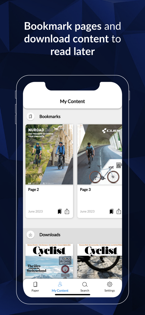Cyclist magazine - Interface for bookmarks and downloads in the Cyclist magazine app