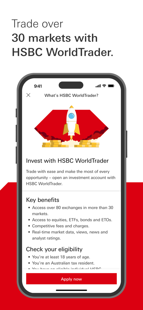 HSBC Australia - Un écran de téléphone mobile montrant l'interface WorldTrader de HSBC Australie avec les avantages d'investissement et les critères d'éligibilité.