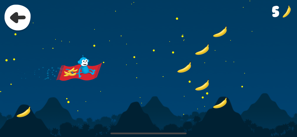 Radioapans kojträd - Radioapan flying on a red carpet and collecting bananas in a night sky