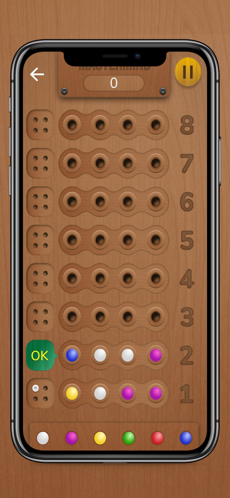 Codebreaker Game - Board Game - Mastermind style logic board game interface with colored pegs on a wooden background