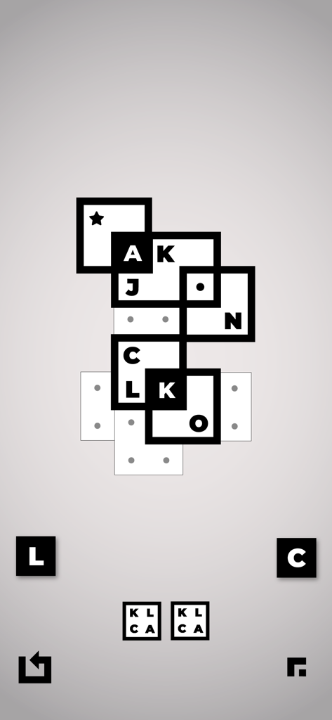 A minimalist black and white screen of the KLAC puzzle game showing spatial letter blocks