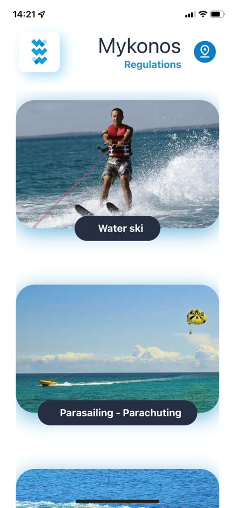 SafeWaterSports - SafeWaterSports app screen showing Mykonos water sports regulations for water skiing and parasailing