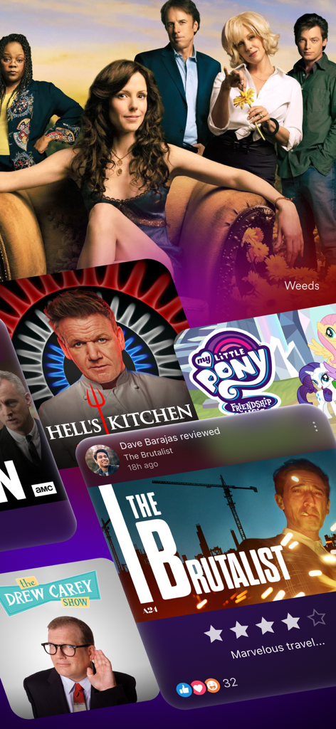 Interface of the Plex app showing a variety of TV shows and a movie review card.