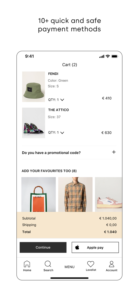 Tela do carrinho de compras GIGLIO.COM mostrando itens de luxo de designers e opções de pagamento seguras, incluindo Apple Pay.