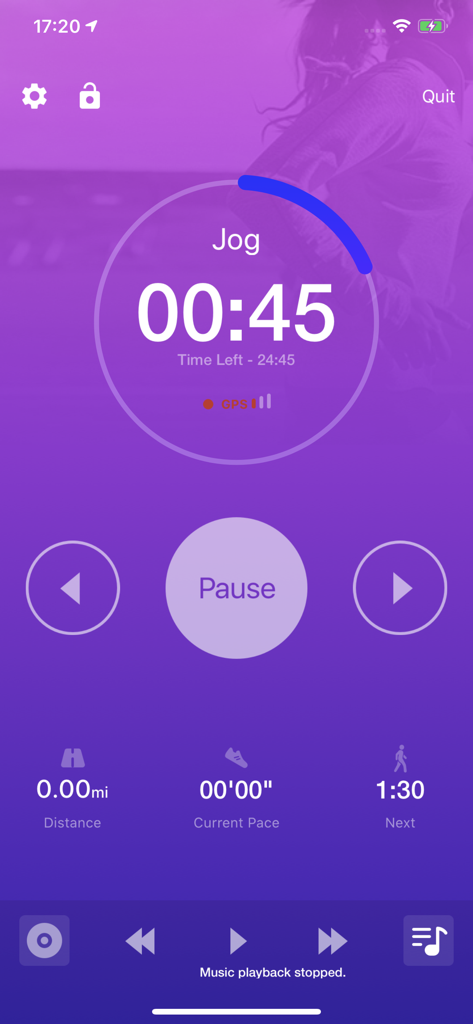 Couch to 5K app showing a jog timer, workout progress, and distance tracking.