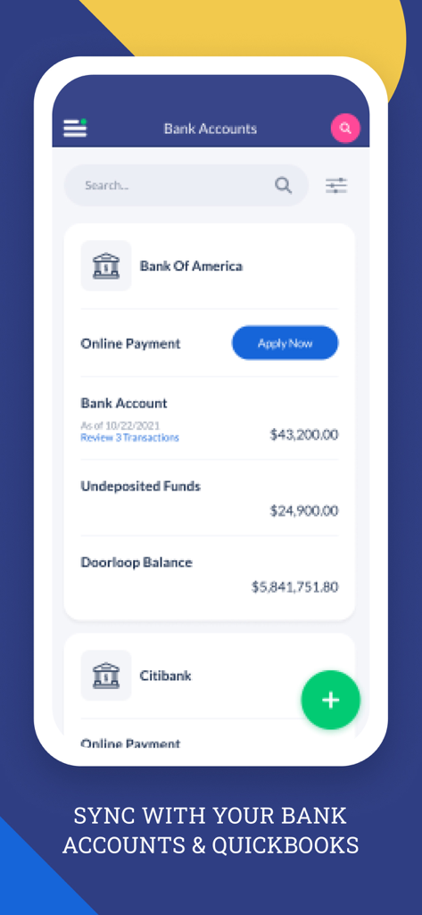 DoorLoop App-Oberfläche, die die Synchronisierung von Bankkonten und Finanzguthaben anzeigt