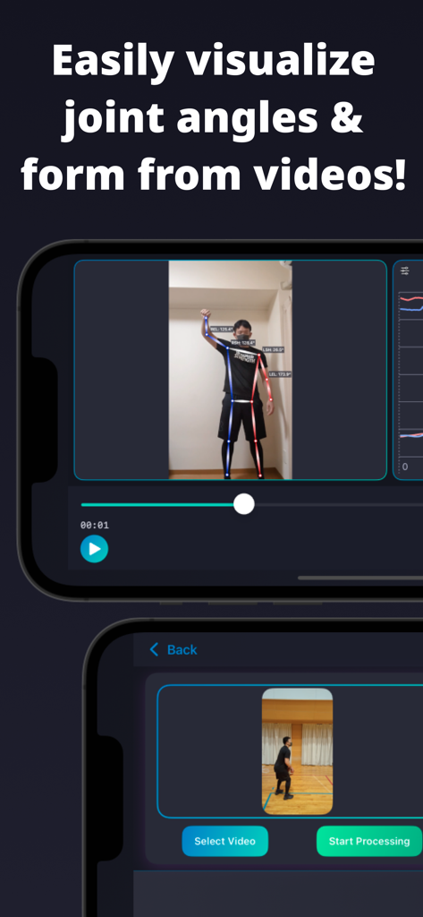 Pose & Angle - A smartphone interface showing AI joint angle visualization and skeleton overlay on an athlete for sports form analysis
