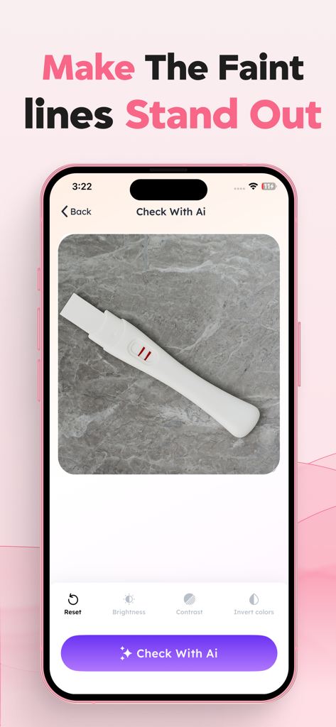 Pregnancy Test Checker & Scan - Pregnancy test checker app interface showing tools to enhance faint lines and an AI check button.