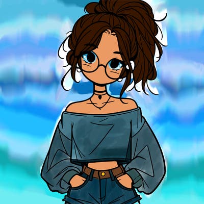 girl with a messy ponytail glasses a baggy crop top and jean shorts