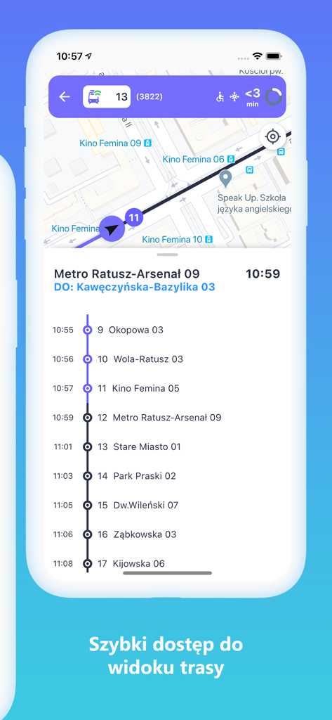 Interfaz de la aplicación móvil Time4BUS que muestra un mapa de ruta en vivo y el horario de la parada de autobús