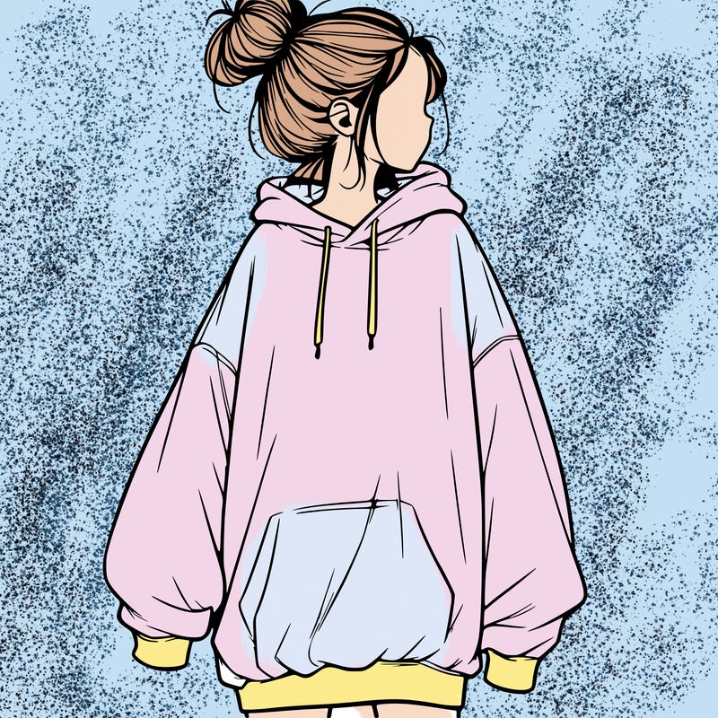 realistic girl with a oversized sweatshirt on and a bun