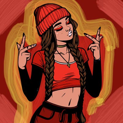 realistic teenage girl with braids and a beanie and crop top doing 🫶🏼