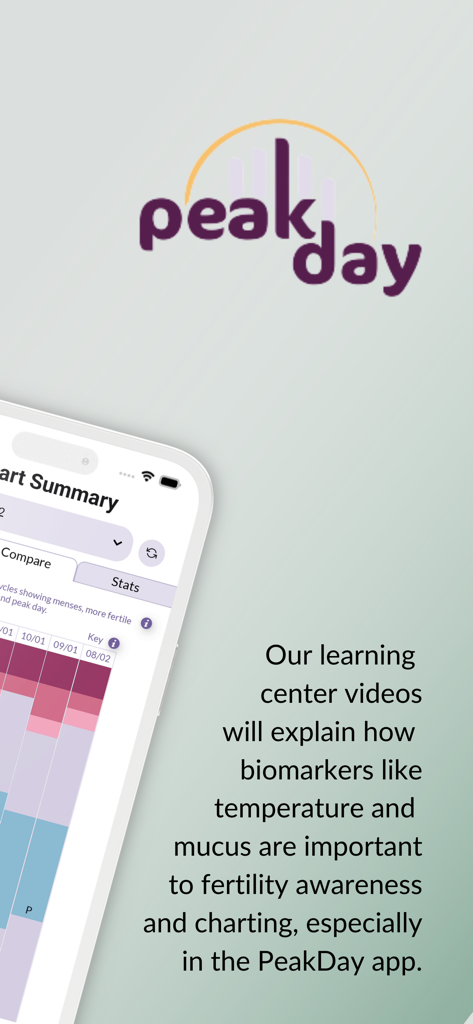 PeakDay Fertility Tracker App - Logotipo de la aplicación PeakDay y una pantalla de teléfono inteligente que muestra un resumen del gráfico de fertilidad con texto educativo sobre biomarcadores y conciencia de fertilidad.