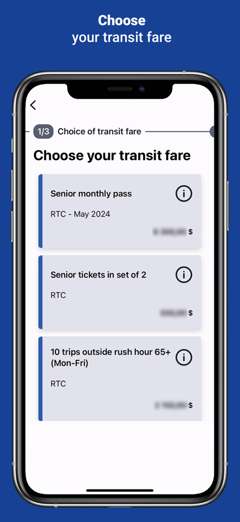RTC Recharge OPUS mobile app screen for selecting transit fares including monthly passes and ticket sets