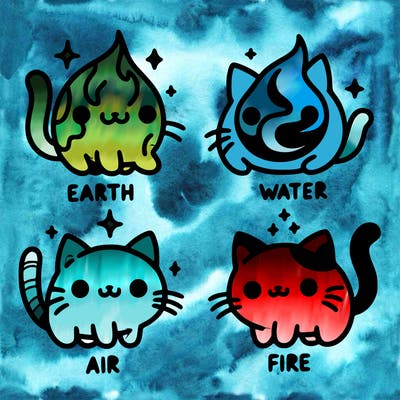 4 cats that represent the different elements, earth, water, air, and fire