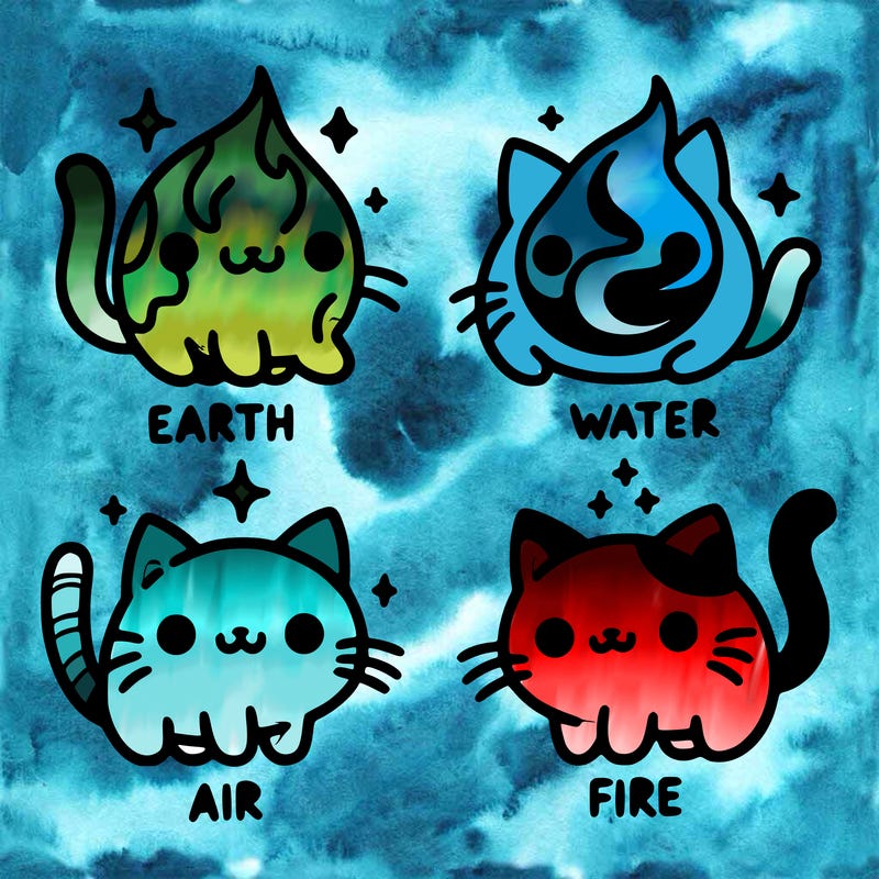 4 cats that represent the different elements, earth, water, air, and fire