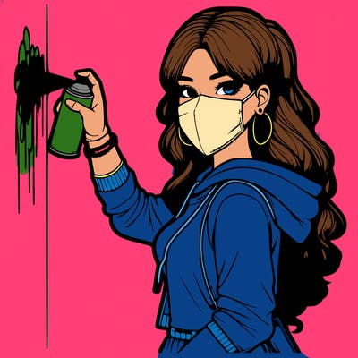 realistic girl with mask spray painting a wall