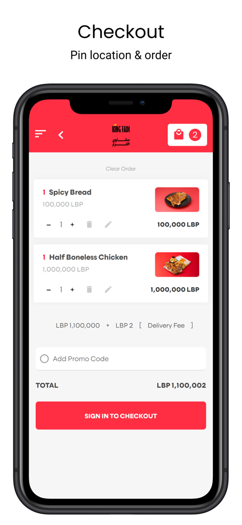 King Fadi - Mobile app screen for King Fadi showing checkout details and order summary