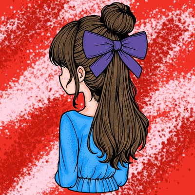 realistic girl  with hip length hair a bun and a big bow on the back of head