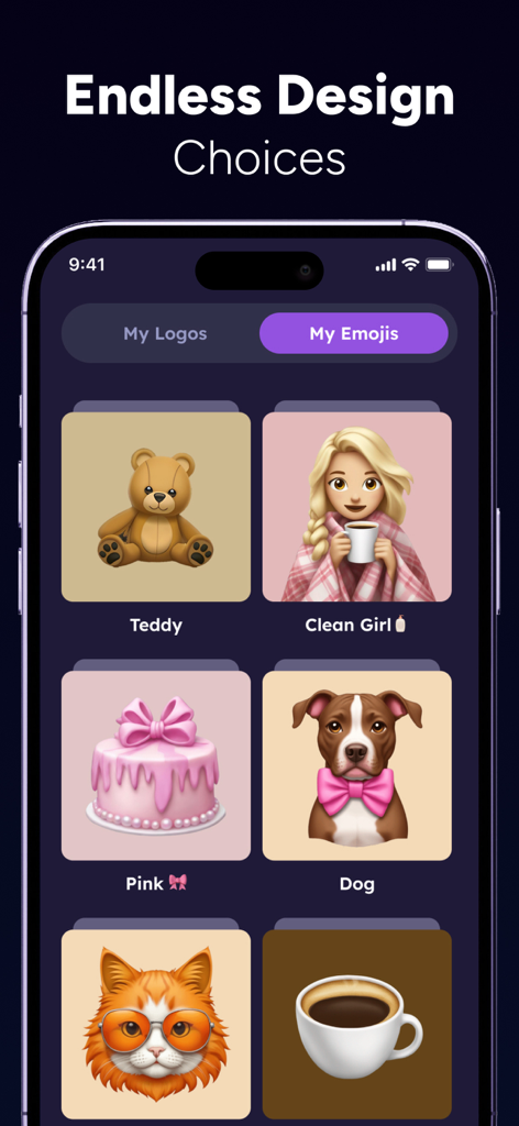 AI Emoji Generator: Logo Maker - Gallery of custom AI generated emojis and characters on a mobile app interface