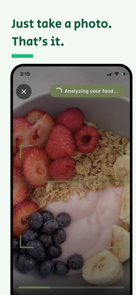 Caloryx: AI Calorie Tracker - Caloryx app interface showing the AI food scanner analyzing a bowl of fruit and granola