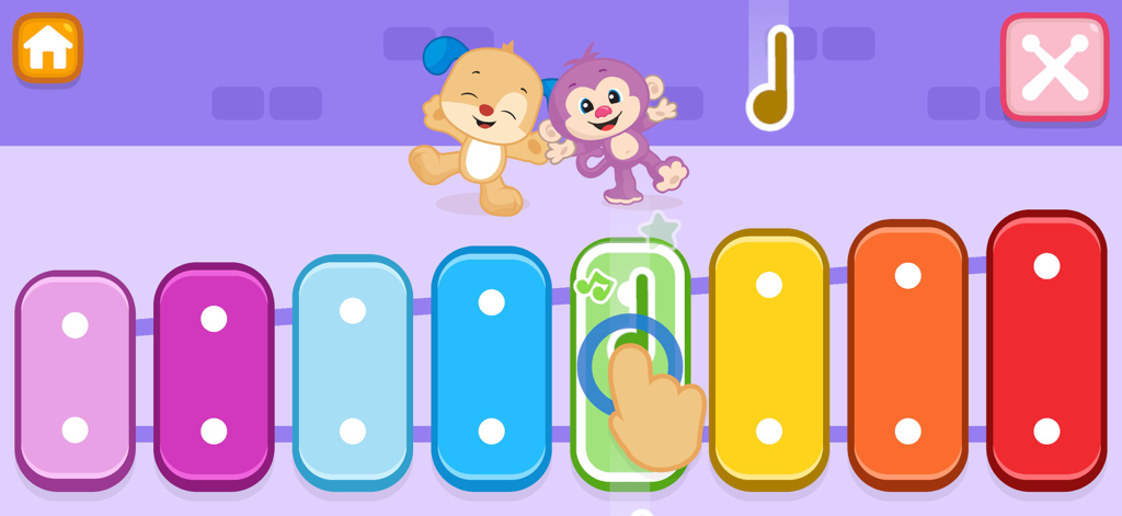 A colorful virtual xylophone game for toddlers featuring dancing animal characters and a hand tapping a musical note.