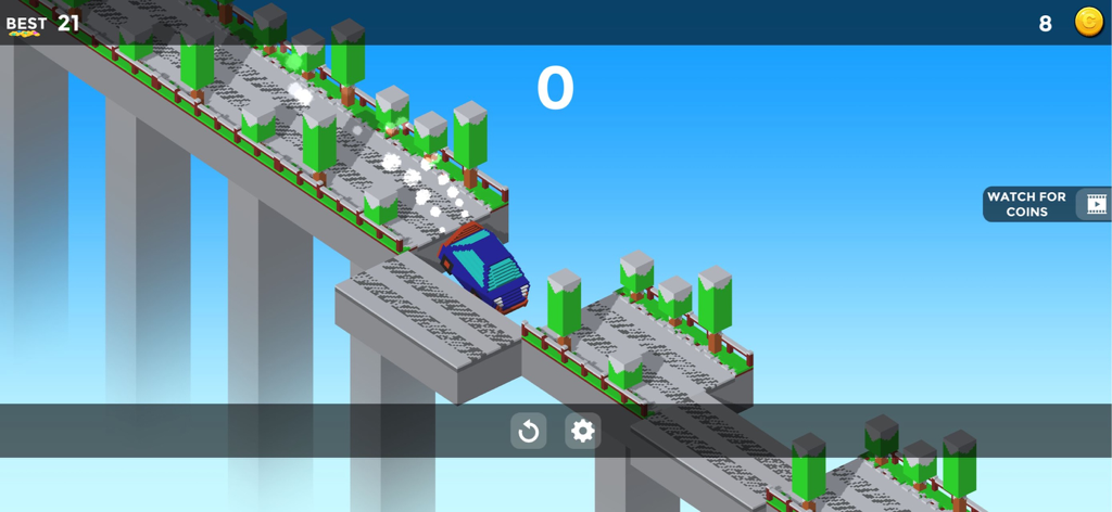 Crossy Bridge Blocky Game - A blue blocky car navigating a fragmented bridge in a voxel environment