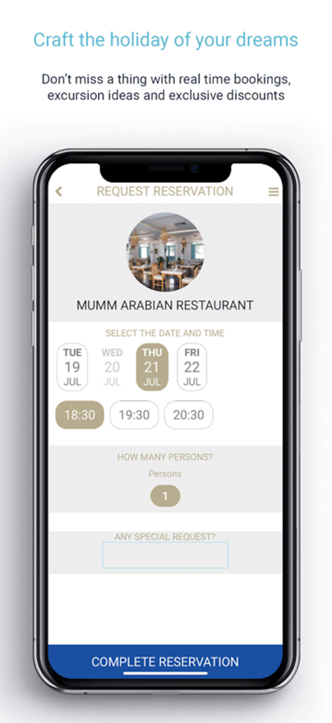 A smartphone displaying the restaurant booking interface for Sunrise Resorts and Cruises