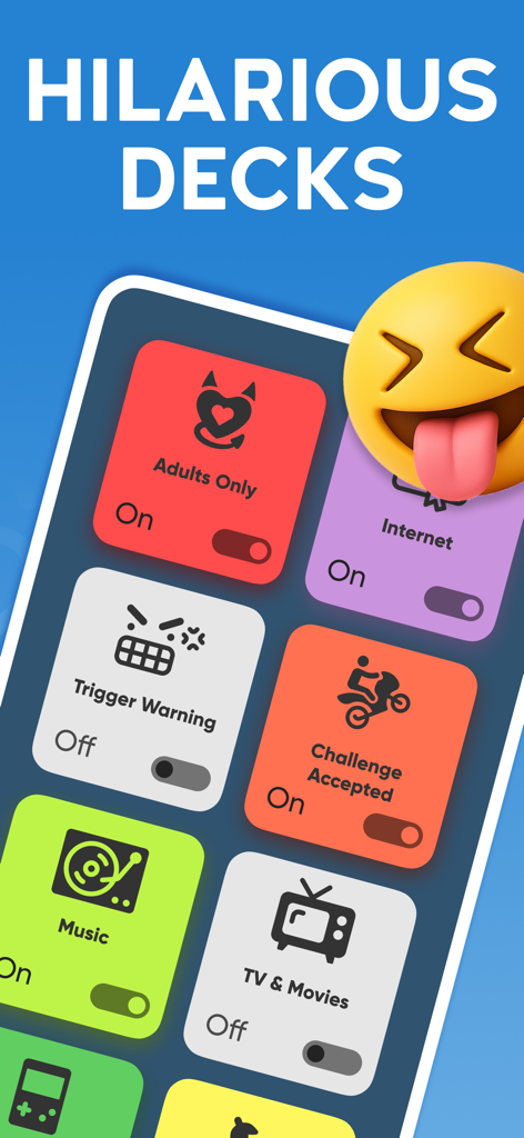 Charades For Adults: Hot Heads - A menu screen of the Charades For Adults Hot Heads app showing various hilarious card decks like Adults Only and Music