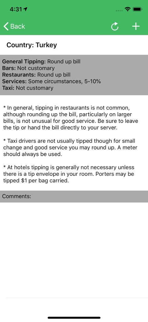 TipFox - TipFox app interface displaying tipping customs for restaurants bars and taxis in Turkey