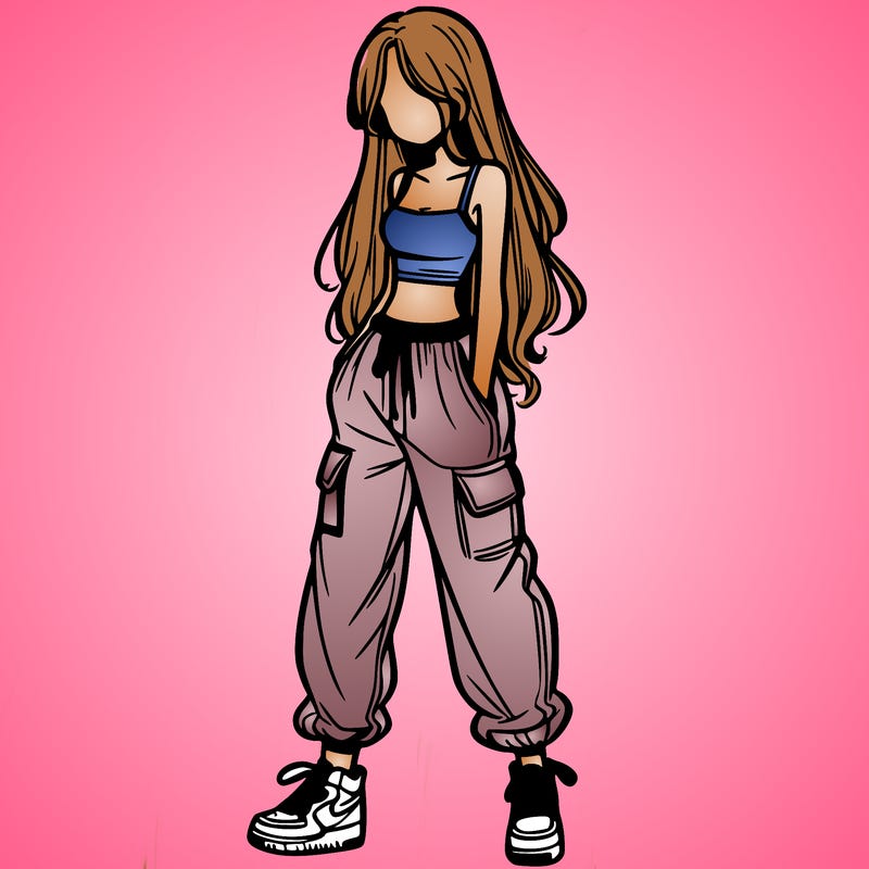 girl in baggy pants crop top and long hair
