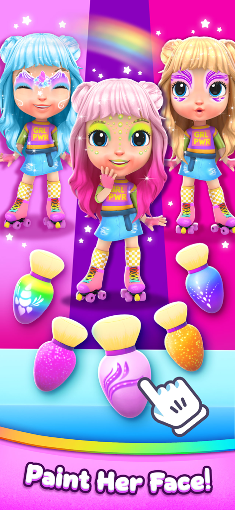 A character from the Cutie Care app showing different face paint styles and colorful makeup brushes