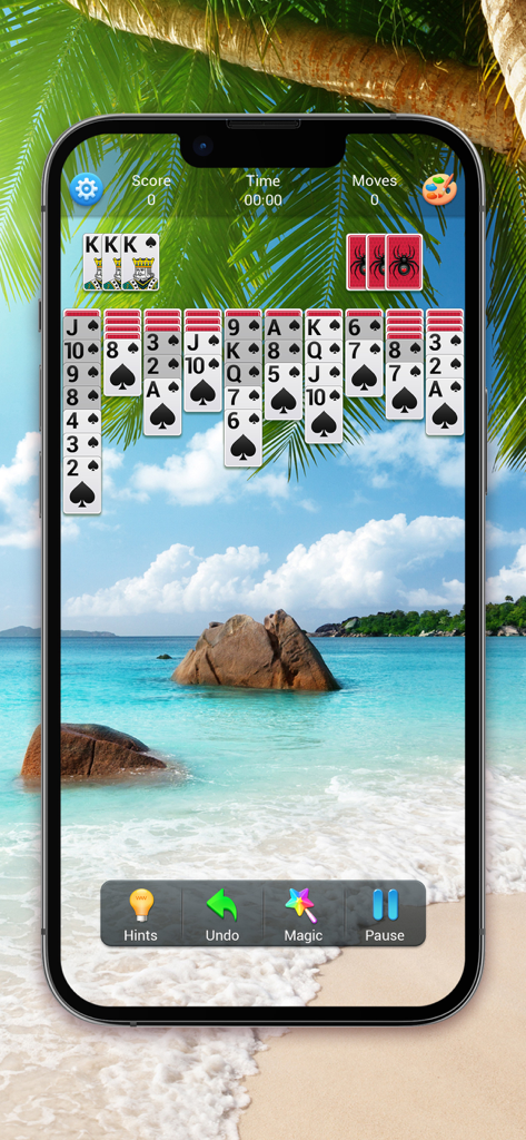 Spider Solitaire classic card game interface featuring a tropical beach background and large readable fonts.