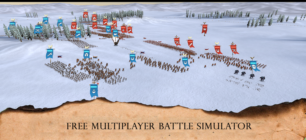 Epic Battles Online gameplay showing red and blue army formations clashing on a snowy battlefield