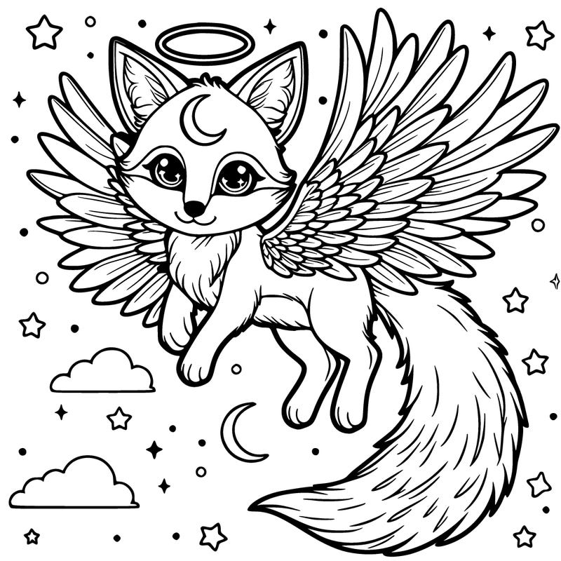 a realistic fox with moons on its wings halo ears and tail and is hovering in the sky and their are stars in it’s eyes