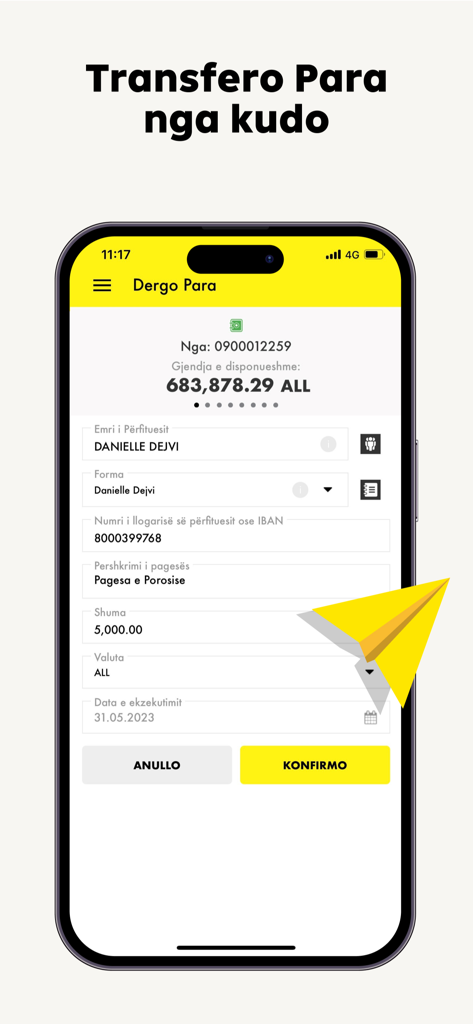 A mobile interface of the Raiffeisen ON app showing a money transfer form in Albanian on an iPhone.