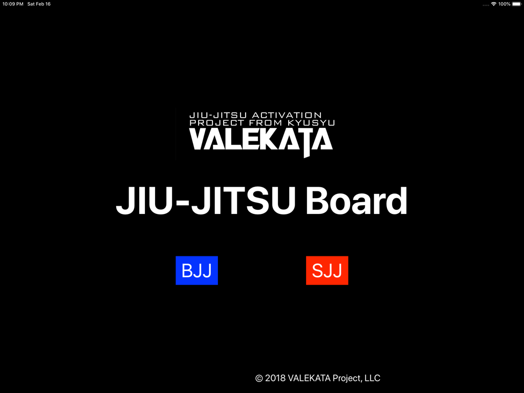 The home screen of the Jiu-Jitsu Board app showing selection buttons for BJJ and SJJ rule sets
