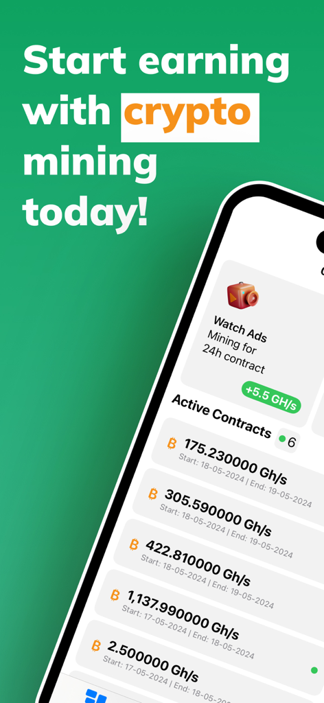 Earn Money Mining BTC Cloud - Smartphone screen showing active bitcoin cloud mining contracts and hash rates