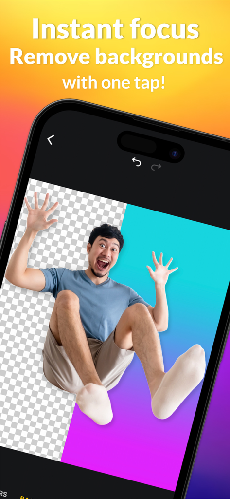 piZap app screenshot showing background removal with one tap